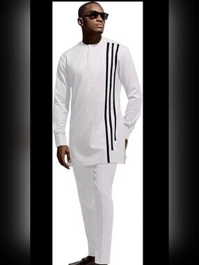 Sea & Alp African Party Suit Three Piece Set Dashiki White Shirt Two Pants XL